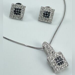 Beautiful Sterling Chain w/ Black & Clear Crystal Pendant & Matching Earrings